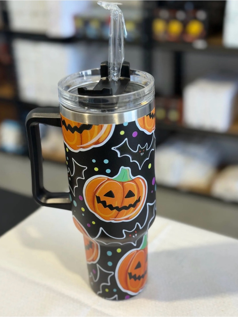 40 oz Halloween Pumpkin Insulated Travel Mug with Handle & Straw - Black NIB